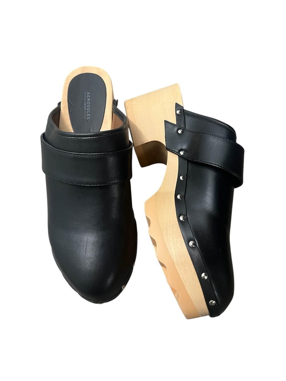 AEROSOLES Black Leather Clog Mules with Wood Platform